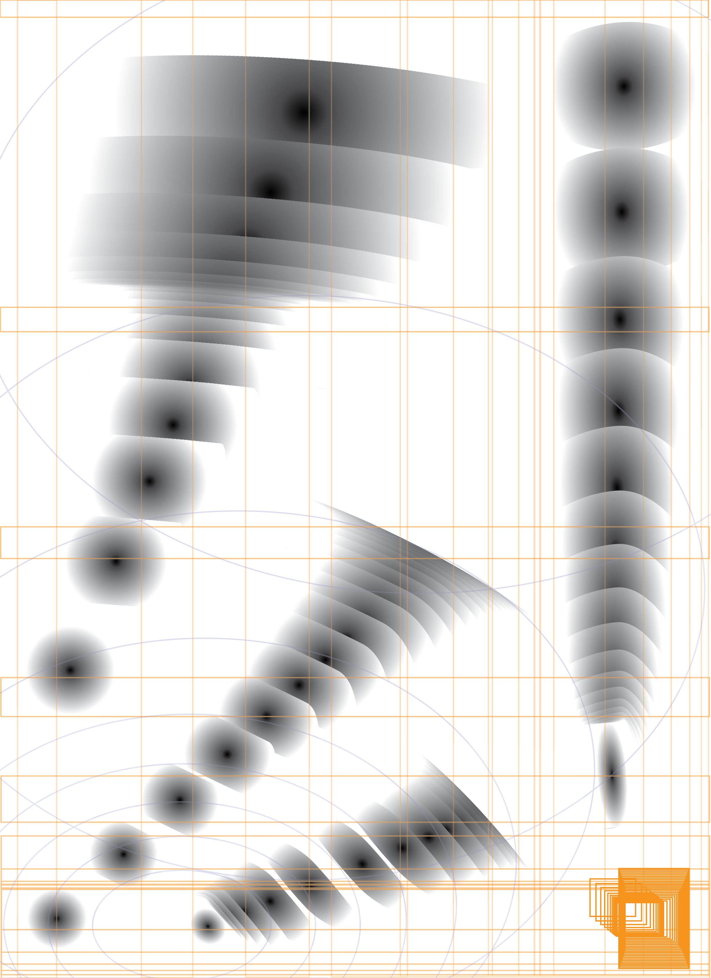 Abstract poster with flowing grayscale blends and fine orange grid lines
