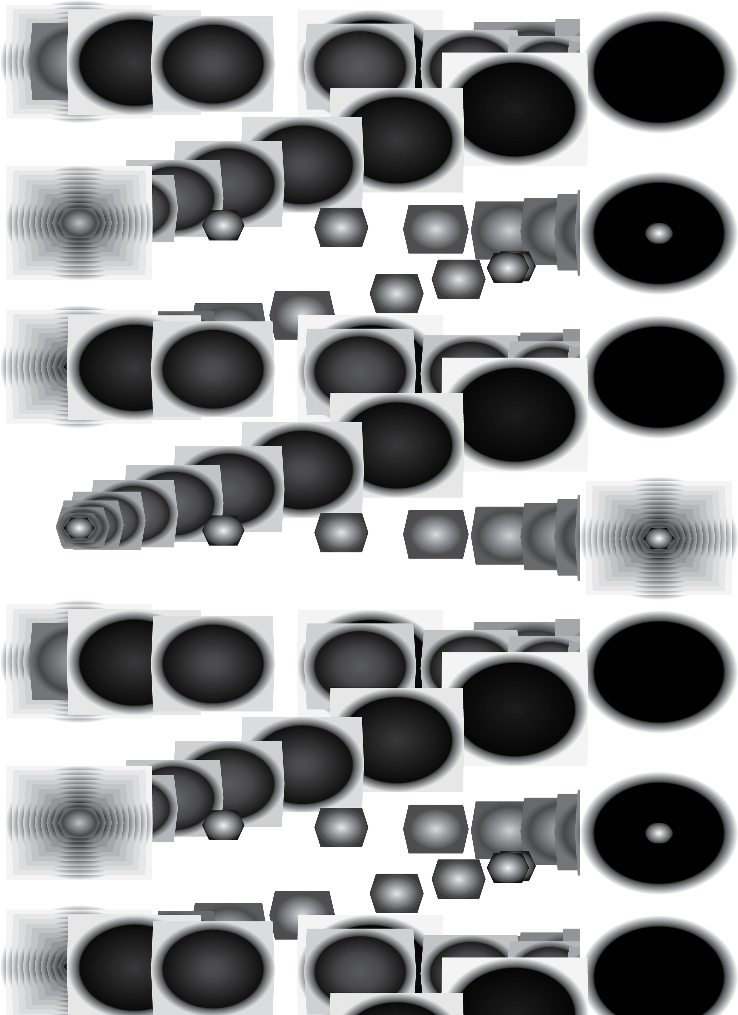 Repeating grayscale pattern of overlapping ovals, squares, and hexagons