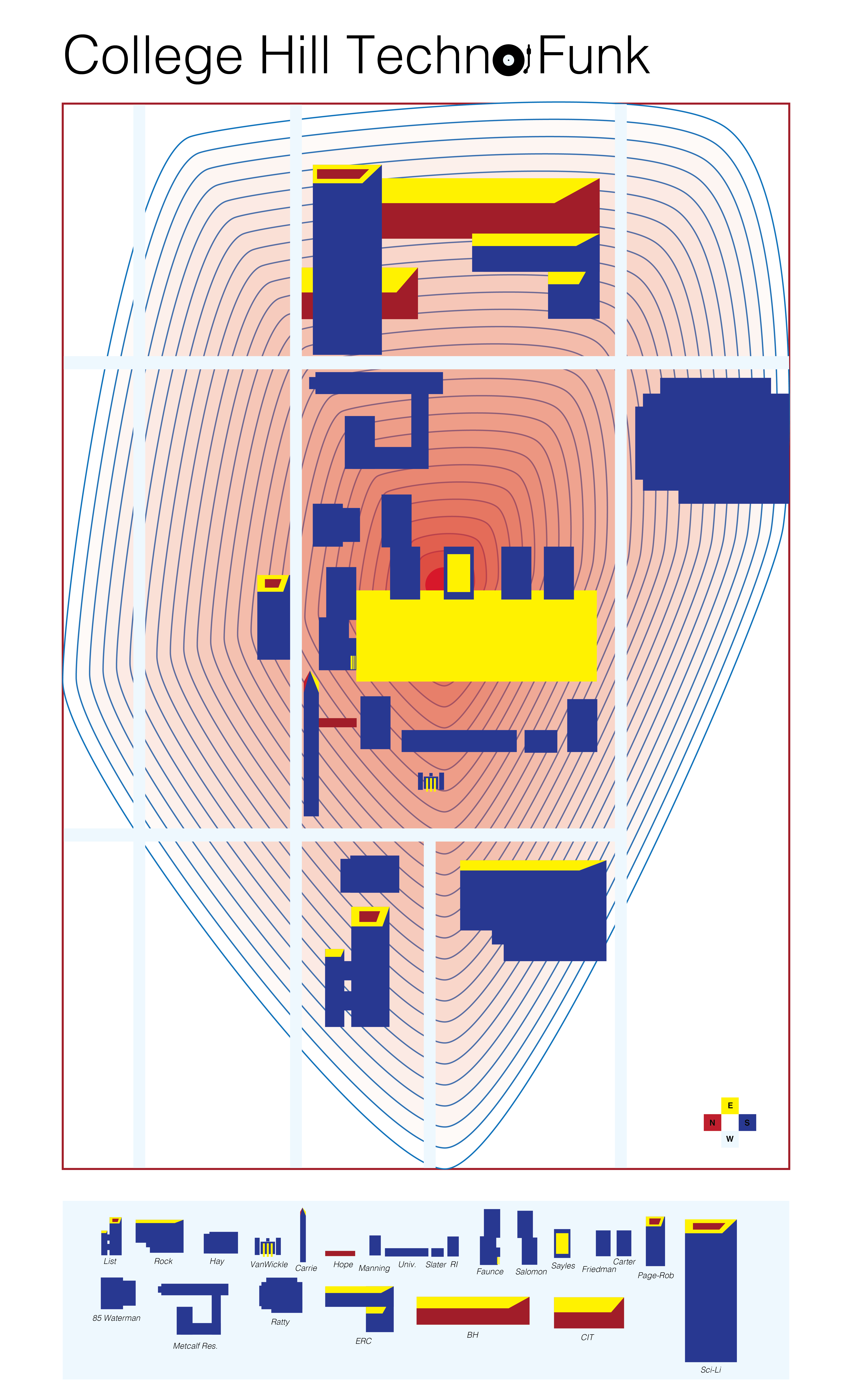College Hill map with blue and yellow buildings, contour lines, and a building legend