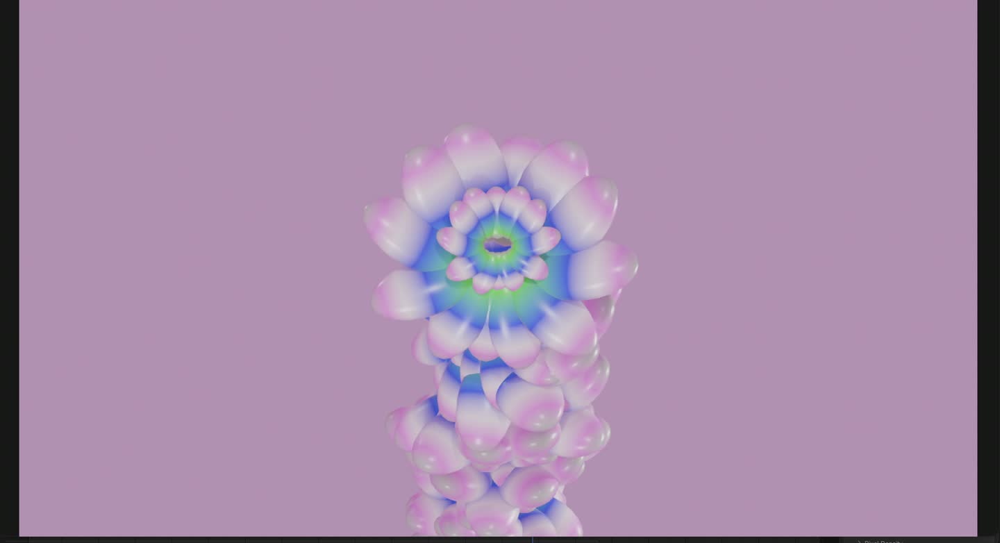 Iridescent flower-like geometry against a lavender background