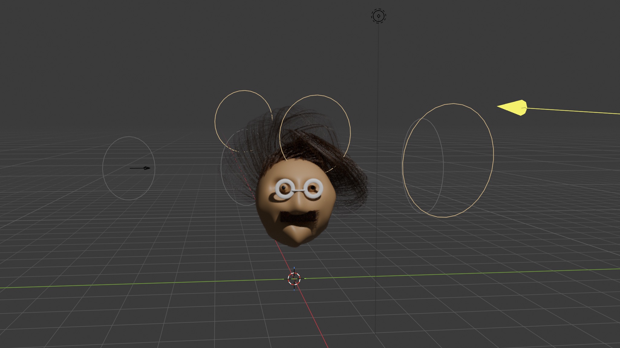 Blender scene with a stylized head, hair, round glasses, and lighting guides